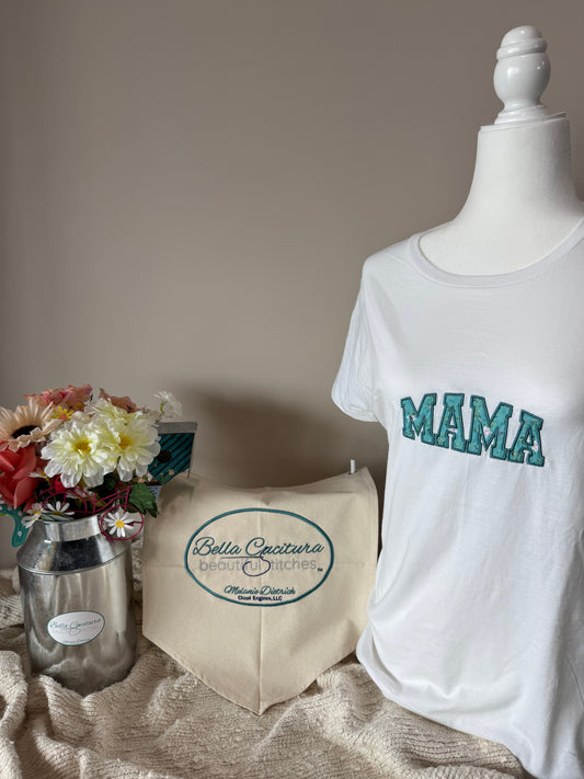 Mama T-shirt Featuring Blue Floral Applique