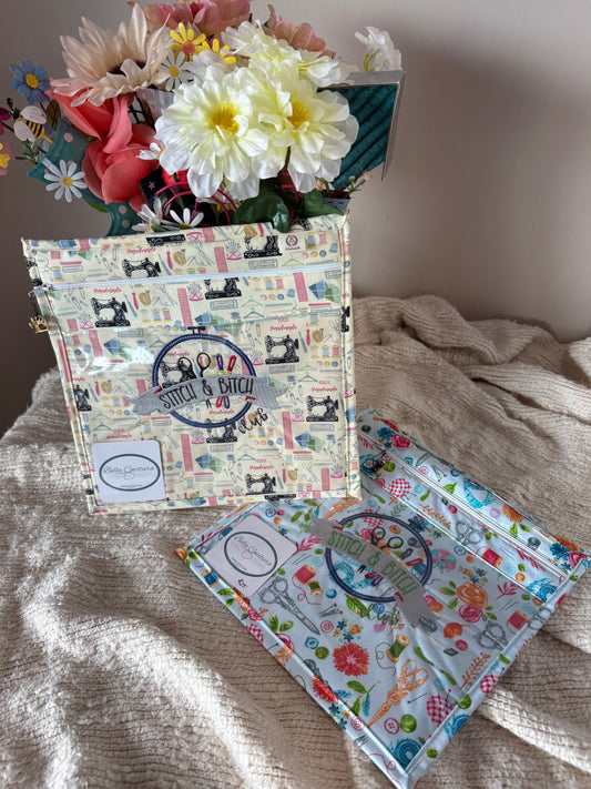 Medium, Vinyl Front, Stitch and Bitch Project Bag (Sewing Hoop, Scissors, and Threads)