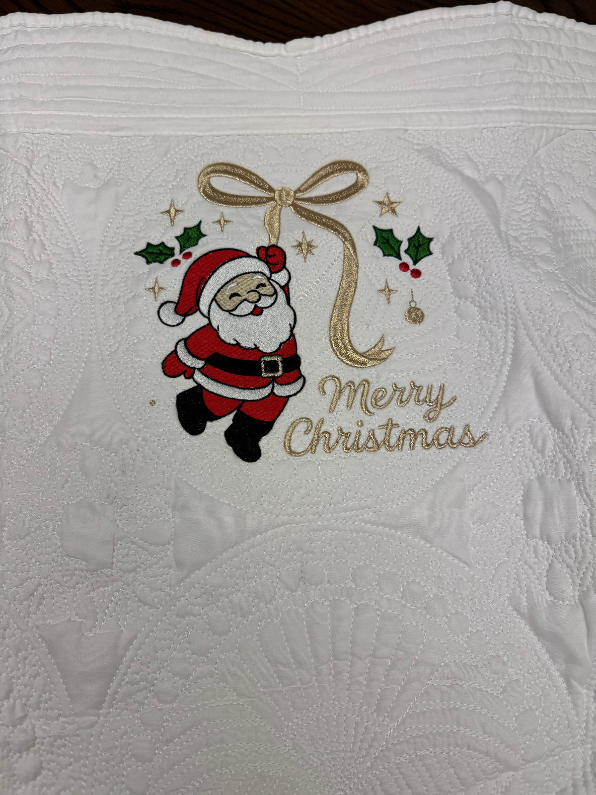 Children's Crib/Toddler Bed Sized White Quilt Embroidered with Merry Christmas and Santa