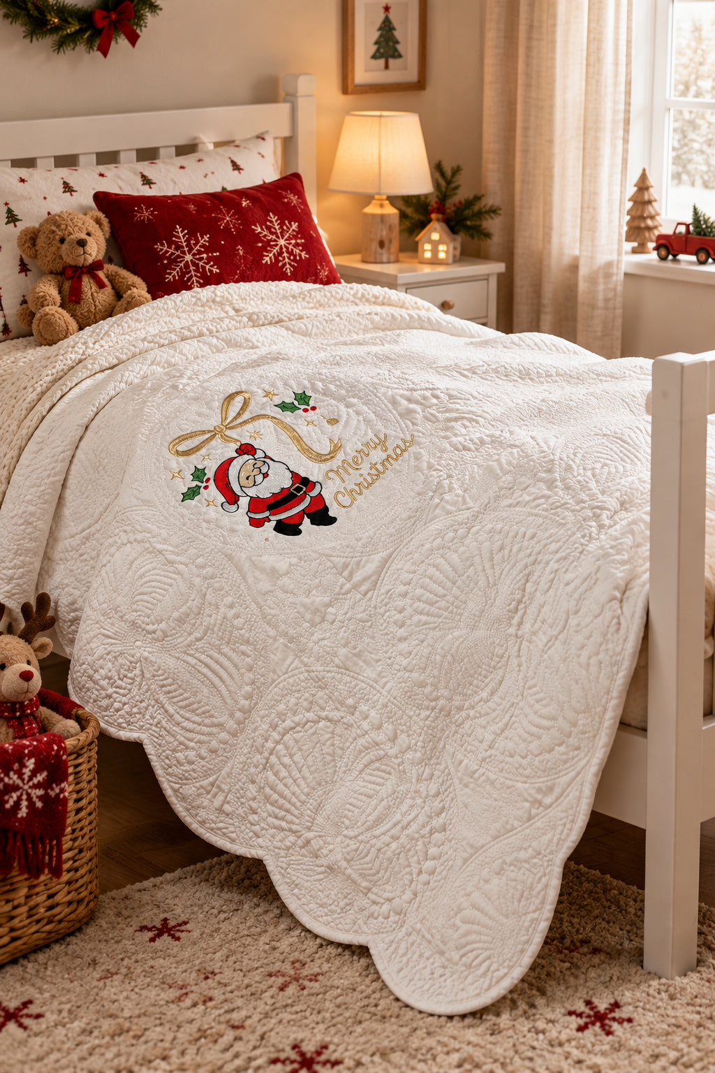 Children's Crib/Toddler Bed Sized White Quilt Embroidered with Merry Christmas and Santa