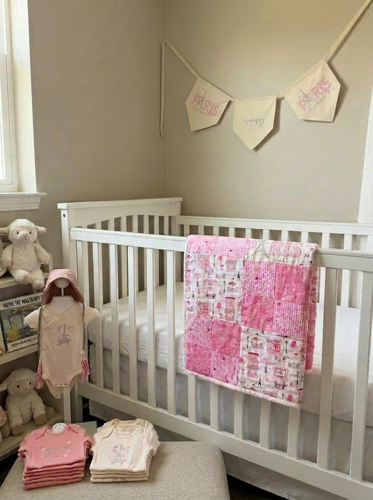Paris Nursery Gift Set with Quilt, Pendant, Onesie, and Bonnet